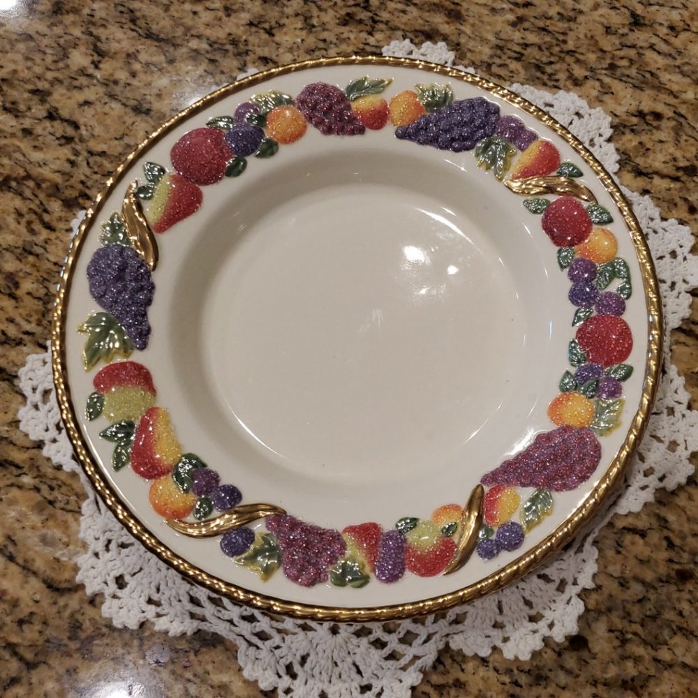 Avon Ivory 8 Inch Collectible Plate Vintage Embossed Frosted Fruit Gold Trim